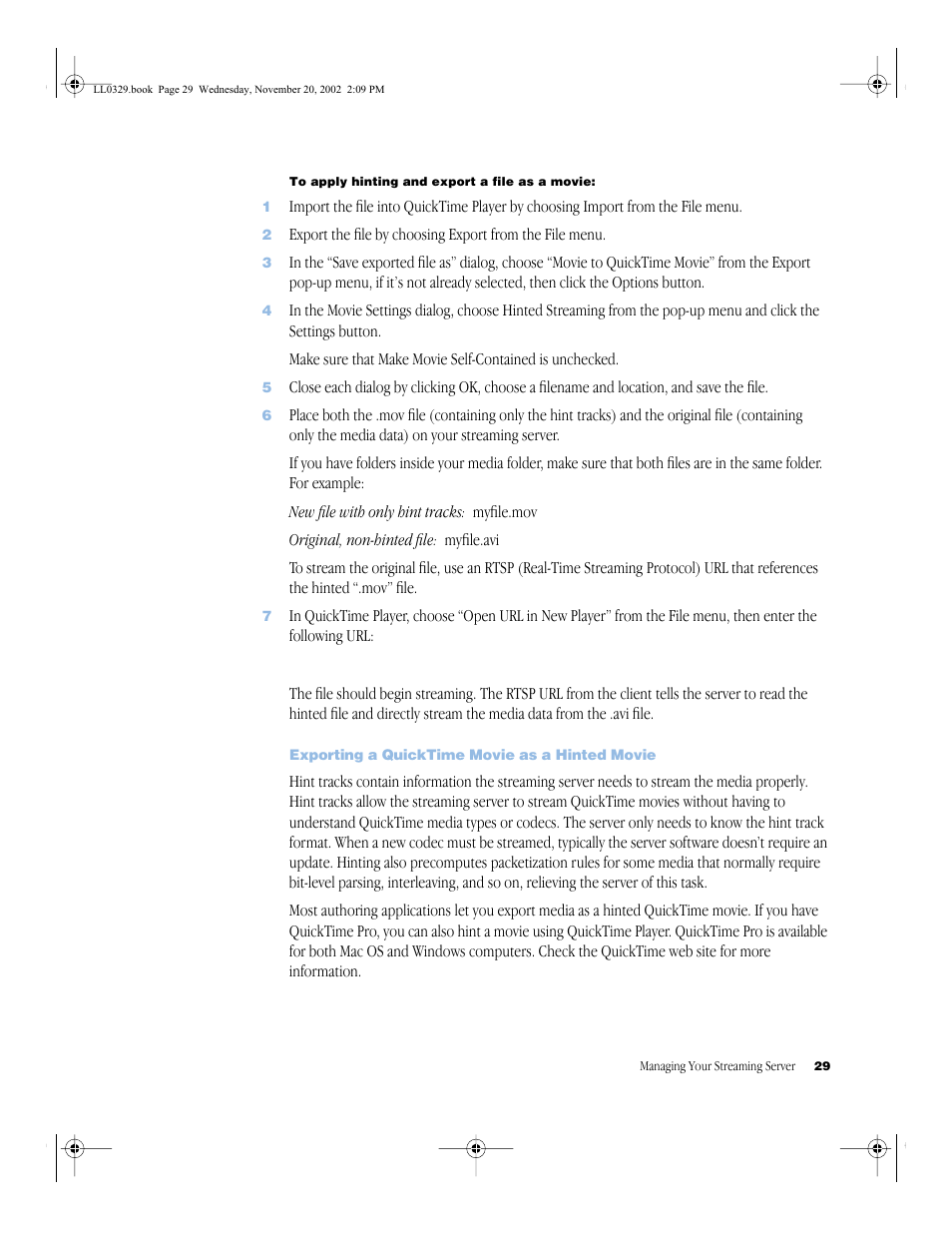 Exporting a quicktime movie as a hinted movie, Exporting a quicktime movie as a hinted movie 29 | Apple QuickTime (Darwin) Streaming Server User Manual | Page 29 / 86