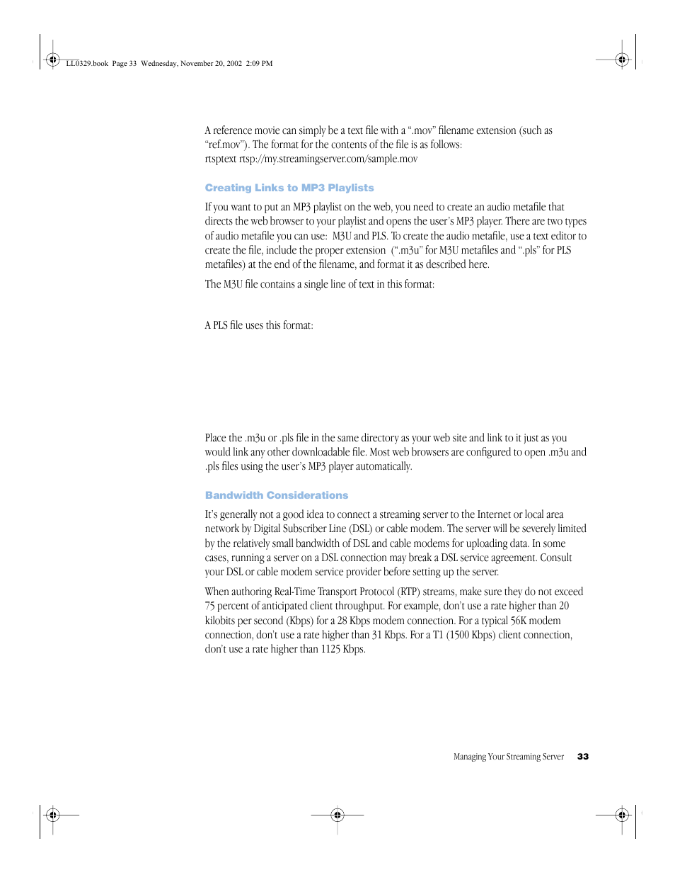 Creating links to mp3 playlists, Bandwidth considerations, Creating links to mp3 playlists 33 | Bandwidth considerations 33 | Apple QuickTime (Darwin) Streaming Server User Manual | Page 33 / 86