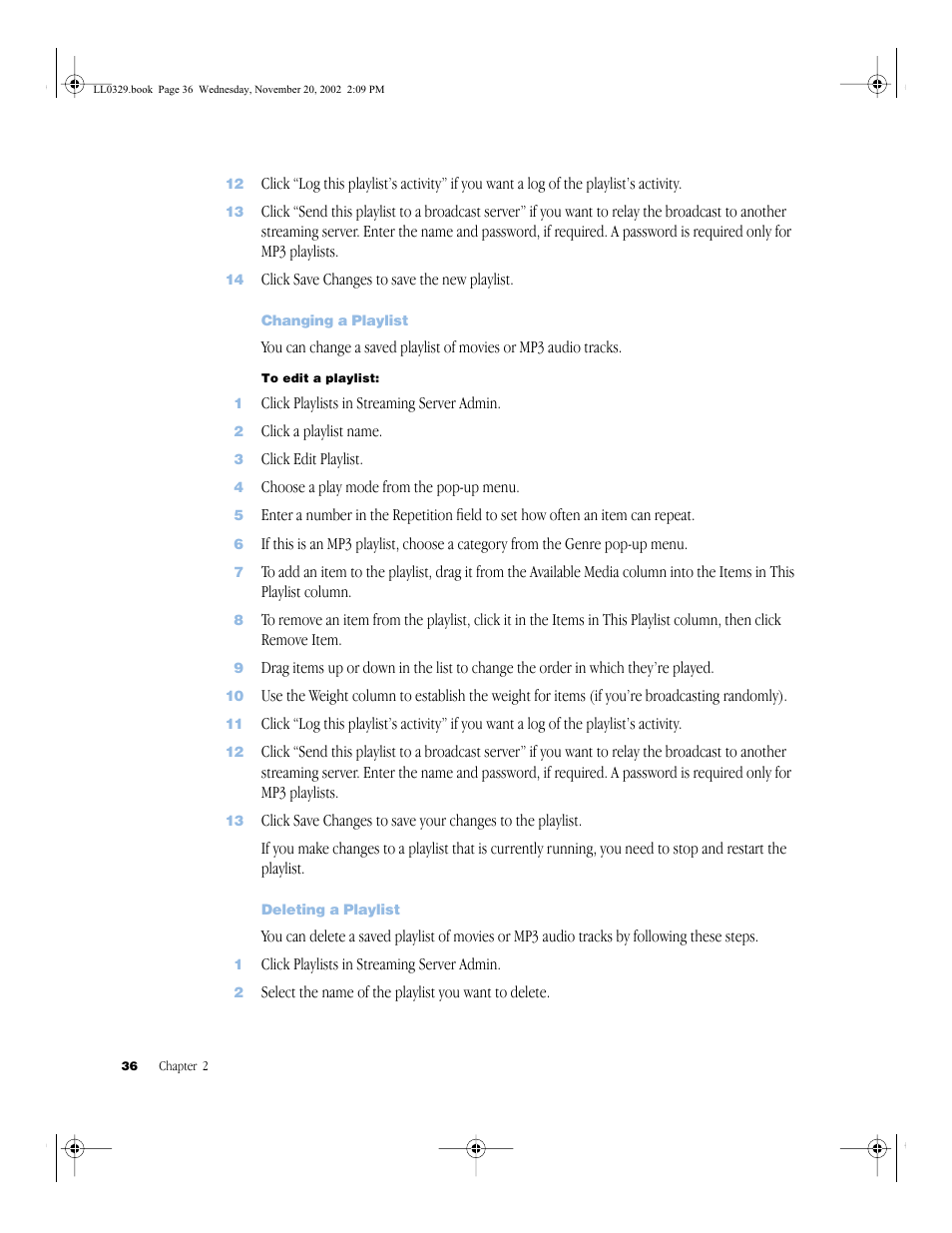 Changing a playlist, Deleting a playlist, Changing a playlist 36 | Deleting a playlist 36 | Apple QuickTime (Darwin) Streaming Server User Manual | Page 36 / 86