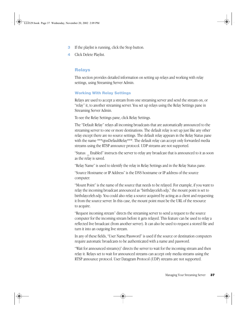 Relays, Working with relay settings, Relays 37 | Working with relay settings 37 | Apple QuickTime (Darwin) Streaming Server User Manual | Page 37 / 86