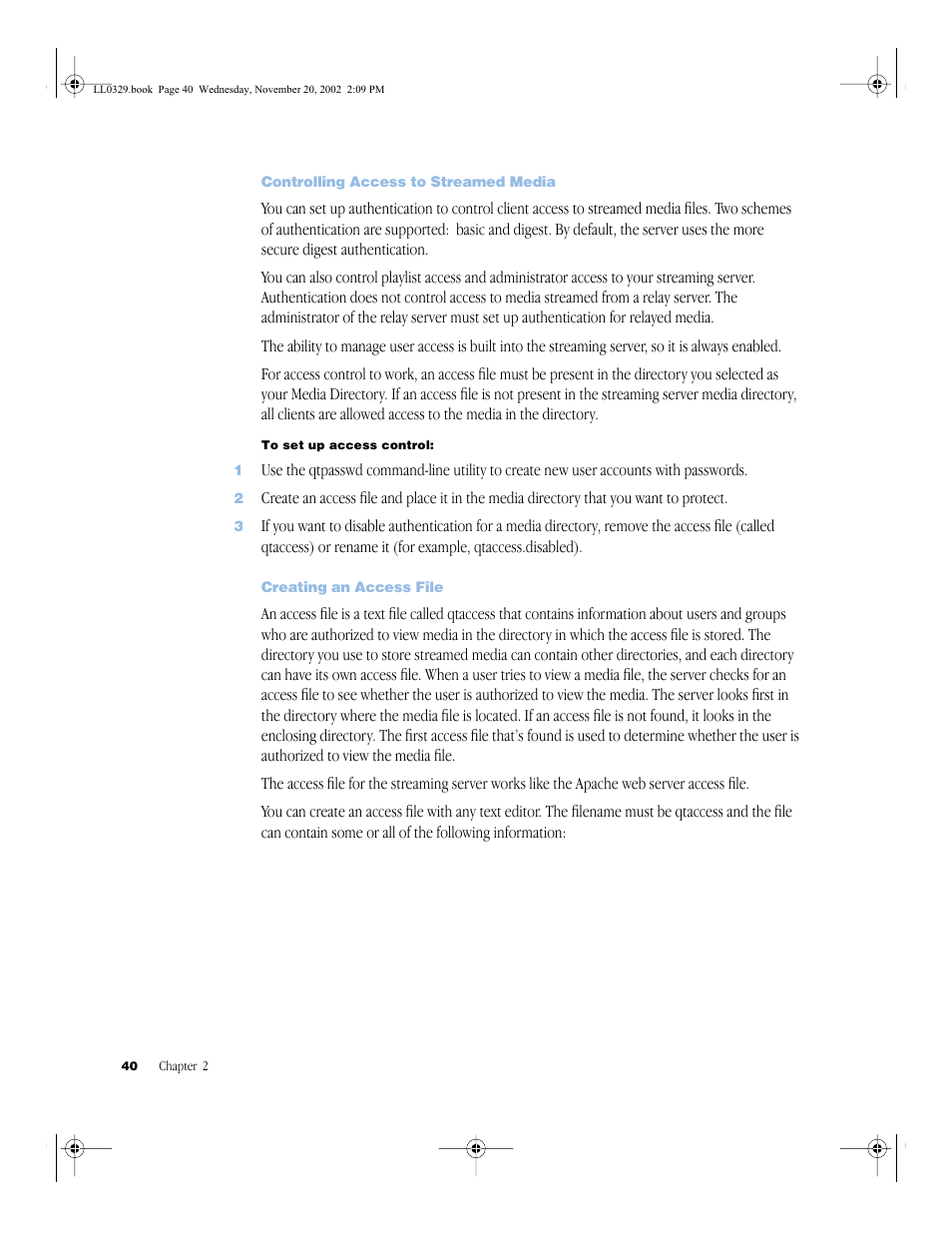 Controlling access to streamed media, Creating an access file, Controlling access to streamed media 40 | Creating an access file 40 | Apple QuickTime (Darwin) Streaming Server User Manual | Page 40 / 86