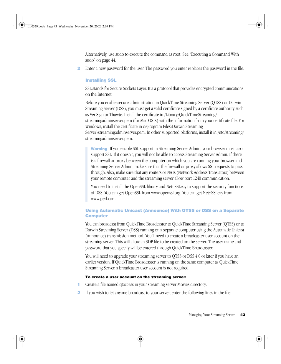 Installing ssl, Installing ssl 43 | Apple QuickTime (Darwin) Streaming Server User Manual | Page 43 / 86