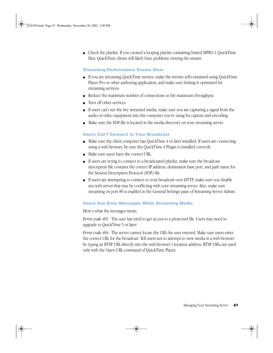 Streaming performance seems slow, Users can’t connect to your broadcast, Users see error messages while streaming media | Streaming performance seems slow 47, Users can’t connect to your broadcast 47, Users see error messages while streaming media 47 | Apple QuickTime (Darwin) Streaming Server User Manual | Page 47 / 86