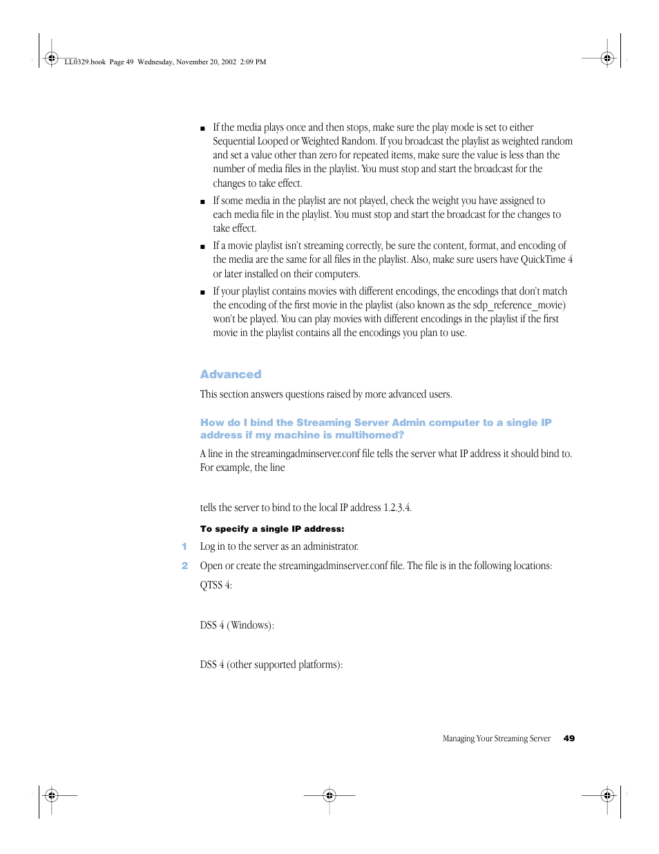 Advanced, Advanced 49, Is multihomed? 49 | Apple QuickTime (Darwin) Streaming Server User Manual | Page 49 / 86
