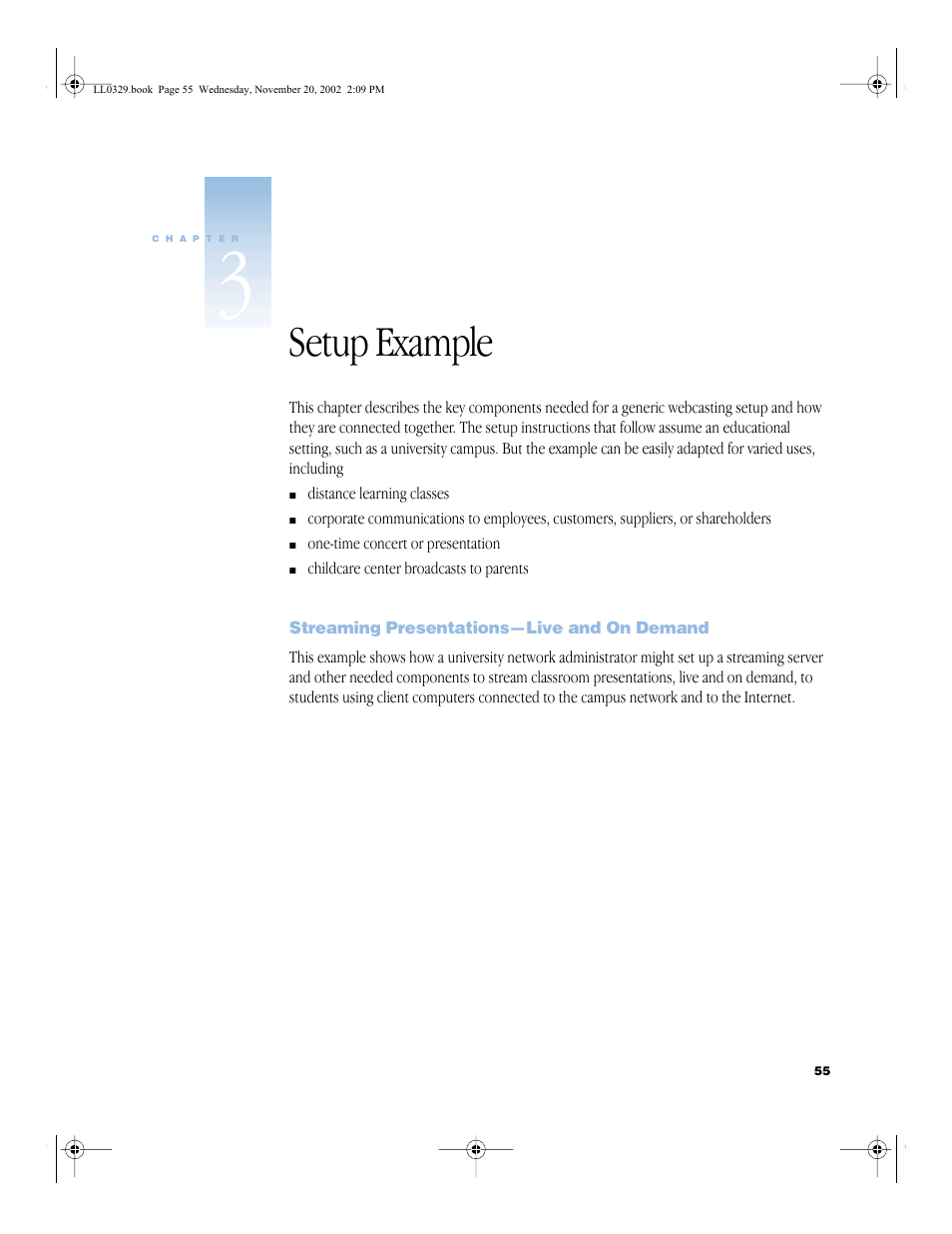 Setup example, Streaming presentations—live and on demand, Setup example 55 | Streaming presentations—live and on demand 55 | Apple QuickTime (Darwin) Streaming Server User Manual | Page 55 / 86