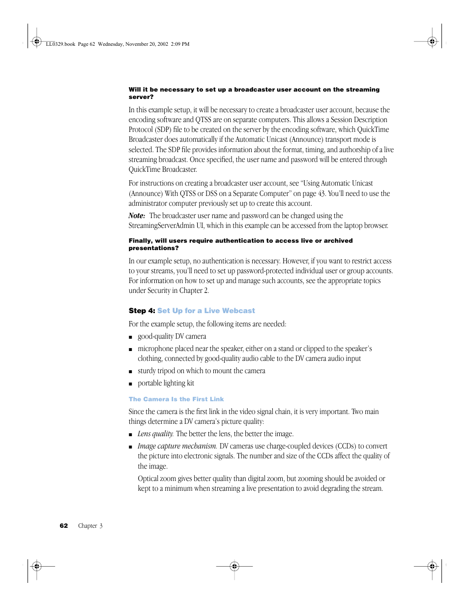 Step 4: set up for a live webcast | Apple QuickTime (Darwin) Streaming Server User Manual | Page 62 / 86