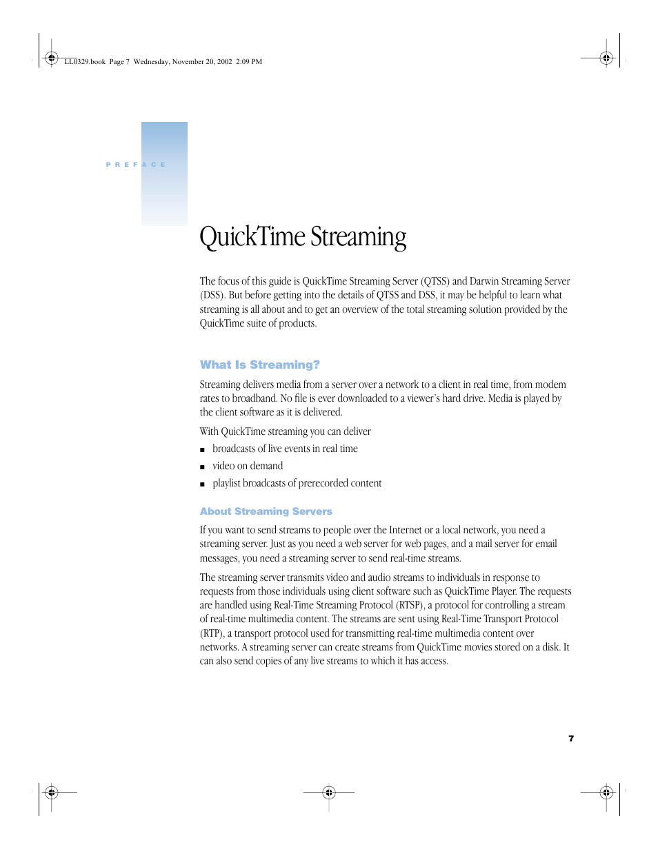 Quicktime streaming, What is streaming, About streaming servers | Preface quicktime streaming 7, What is streaming? 7, About streaming servers 7 | Apple QuickTime (Darwin) Streaming Server User Manual | Page 7 / 86