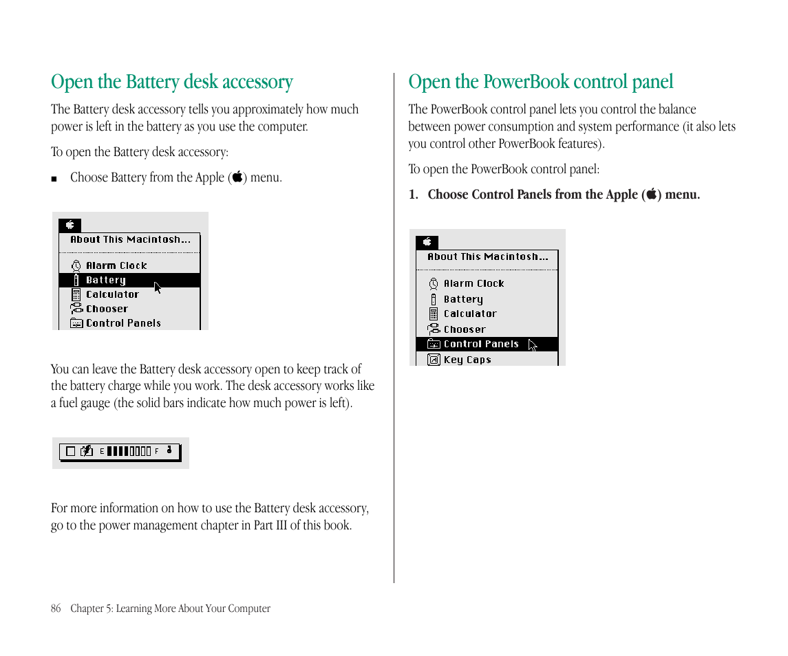 Open the battery desk accessory, Open the powerbook control panel | Apple Macintosh PowerBook 145B User Manual | Page 101 / 304