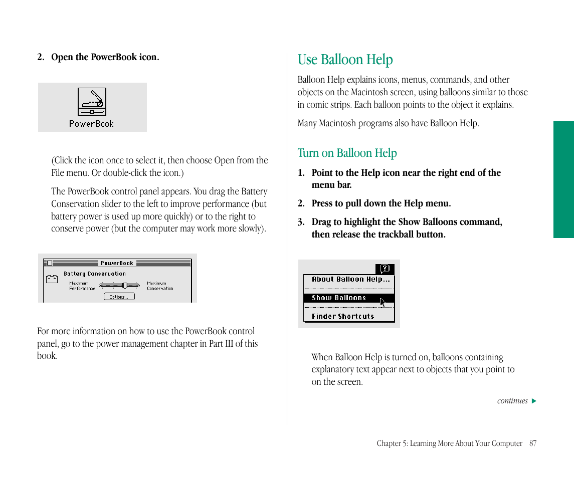 Use balloon help, Turn on balloon help | Apple Macintosh PowerBook 145B User Manual | Page 102 / 304