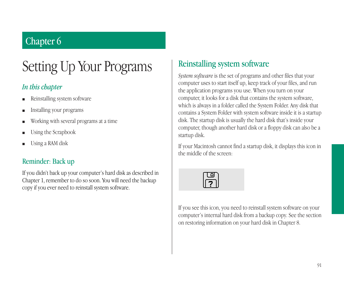 Setting up your programs, Chapter 6, Reinstalling system software | Reminder: back up | Apple Macintosh PowerBook 145B User Manual | Page 106 / 304