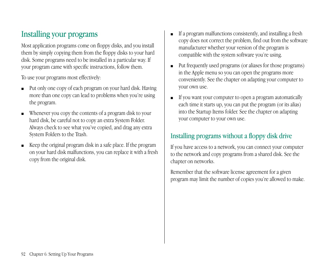Installing your programs, Installing programs without a floppy disk drive | Apple Macintosh PowerBook 145B User Manual | Page 107 / 304