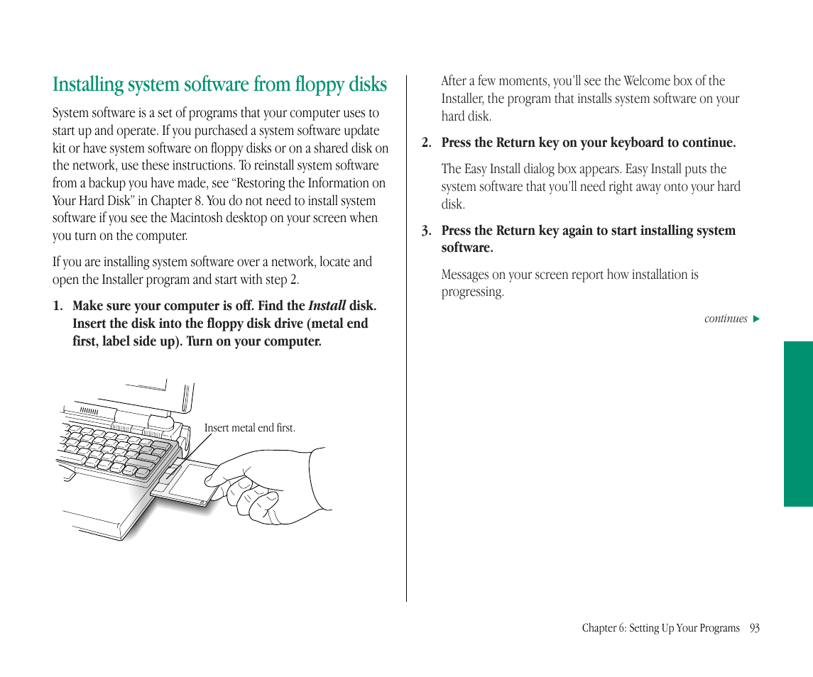 Installing system software from floppy disks | Apple Macintosh PowerBook 145B User Manual | Page 108 / 304