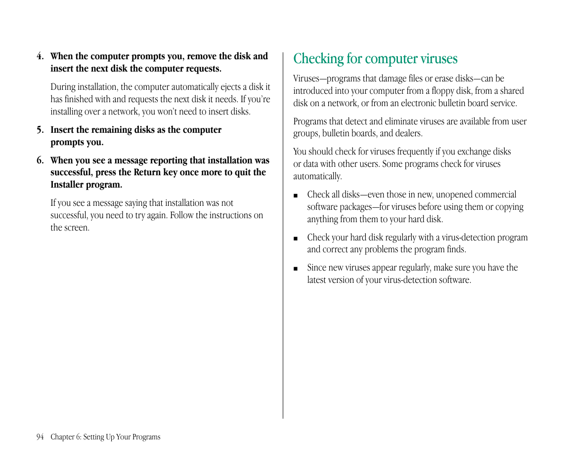 Checking for computer viruses | Apple Macintosh PowerBook 145B User Manual | Page 109 / 304