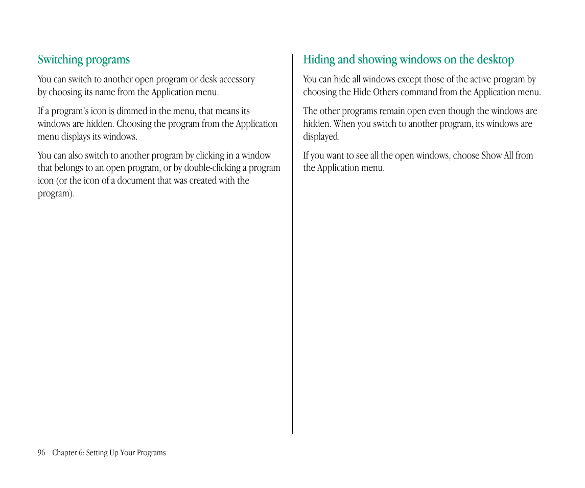 Switching programs, Hiding and showing windows on the desktop | Apple Macintosh PowerBook 145B User Manual | Page 111 / 304