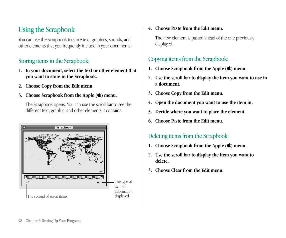 Using the scrapbook, Storing items in the scrapbook, Copying items from the scrapbook | Deleting items from the scrapbook | Apple Macintosh PowerBook 145B User Manual | Page 113 / 304