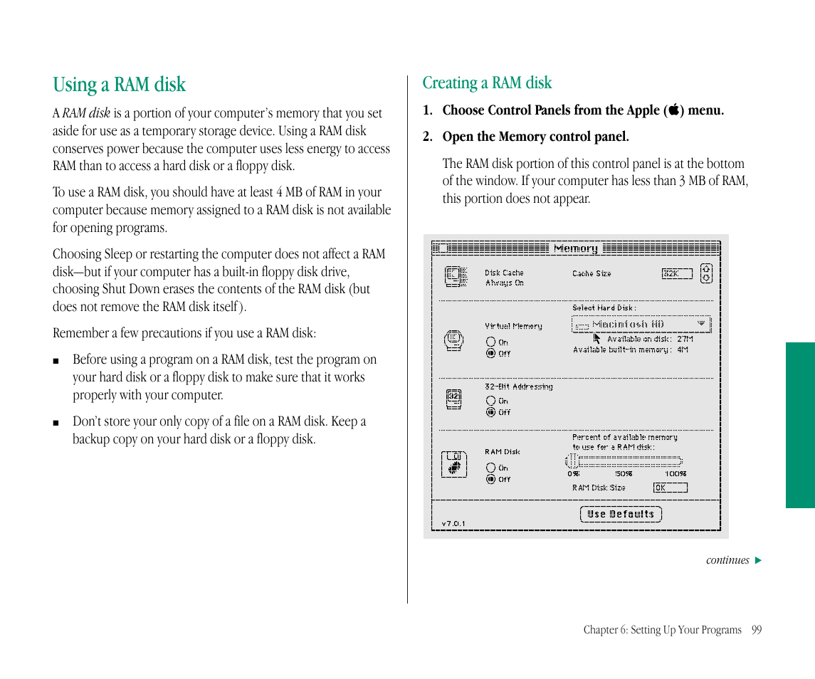 Using a ram disk, Creating a ram disk | Apple Macintosh PowerBook 145B User Manual | Page 114 / 304