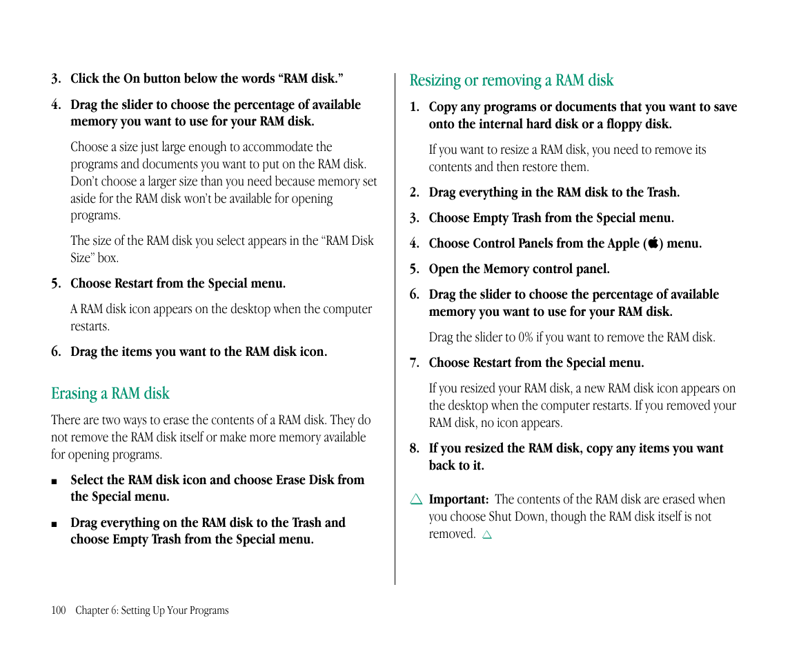 Erasing a ram disk, Resizing or removing a ram disk | Apple Macintosh PowerBook 145B User Manual | Page 115 / 304