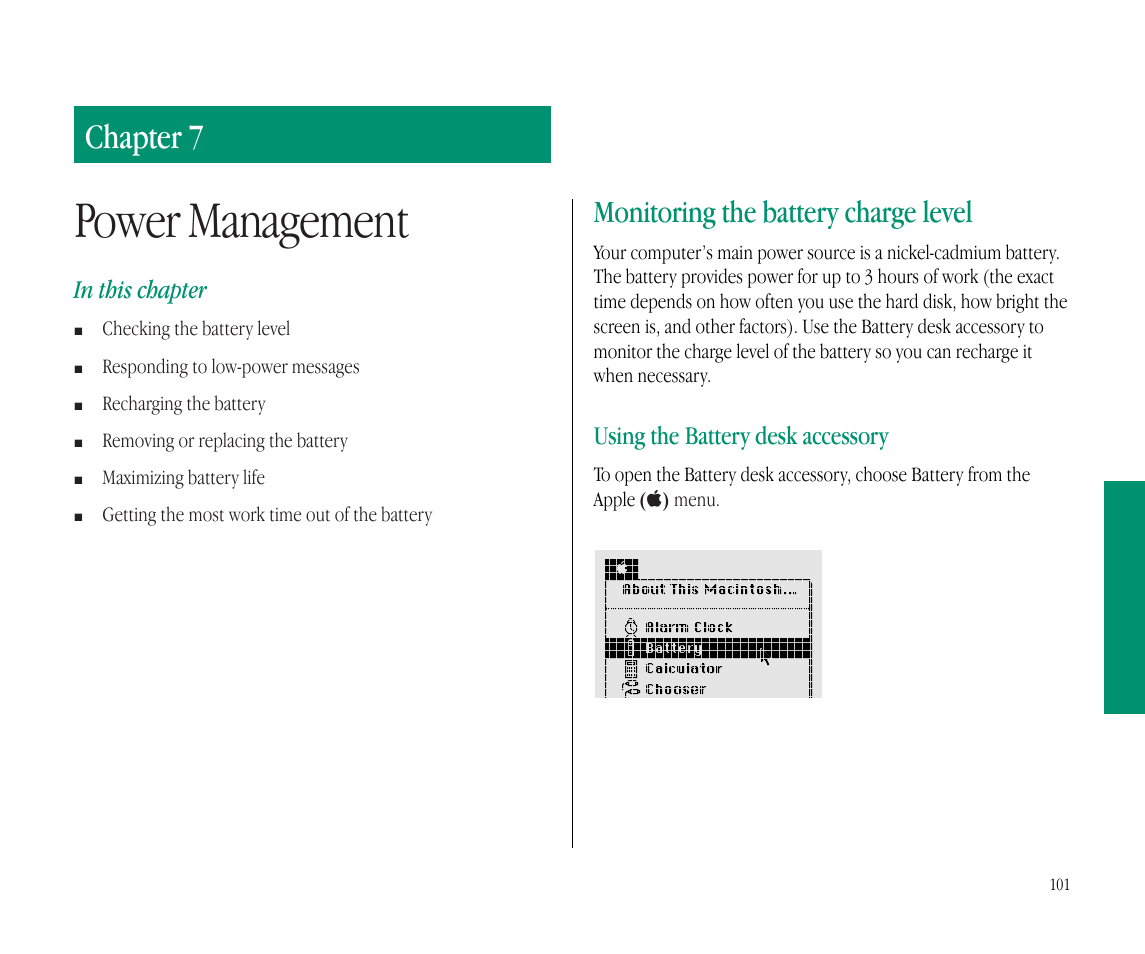 Power management, Chapter 7, Monitoring the battery charge level | Using the battery desk accessory | Apple Macintosh PowerBook 145B User Manual | Page 116 / 304