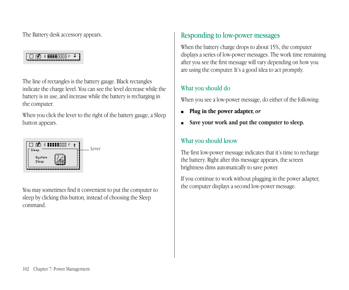 Responding to low-power messages, What you should do, What you should know | Apple Macintosh PowerBook 145B User Manual | Page 117 / 304