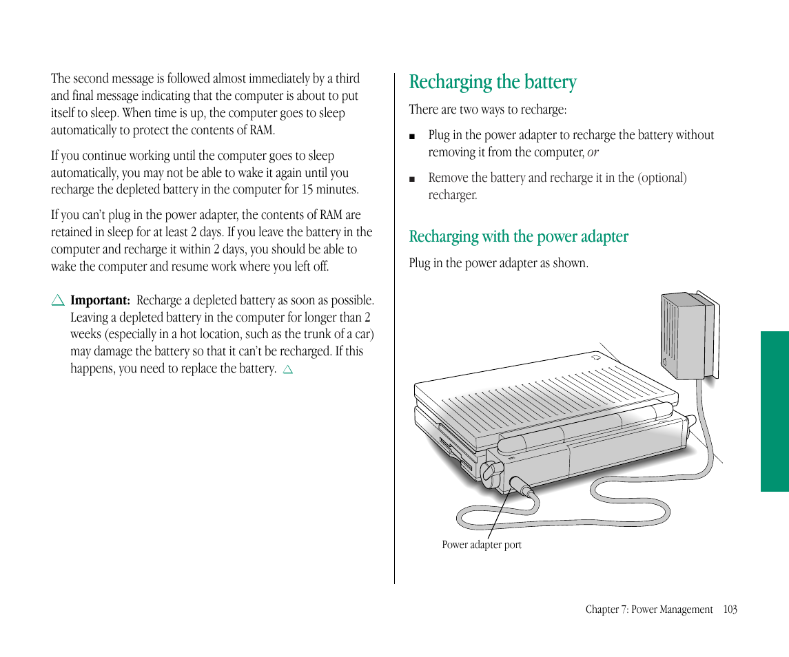 Recharging the battery, Recharging with the power adapter | Apple Macintosh PowerBook 145B User Manual | Page 118 / 304