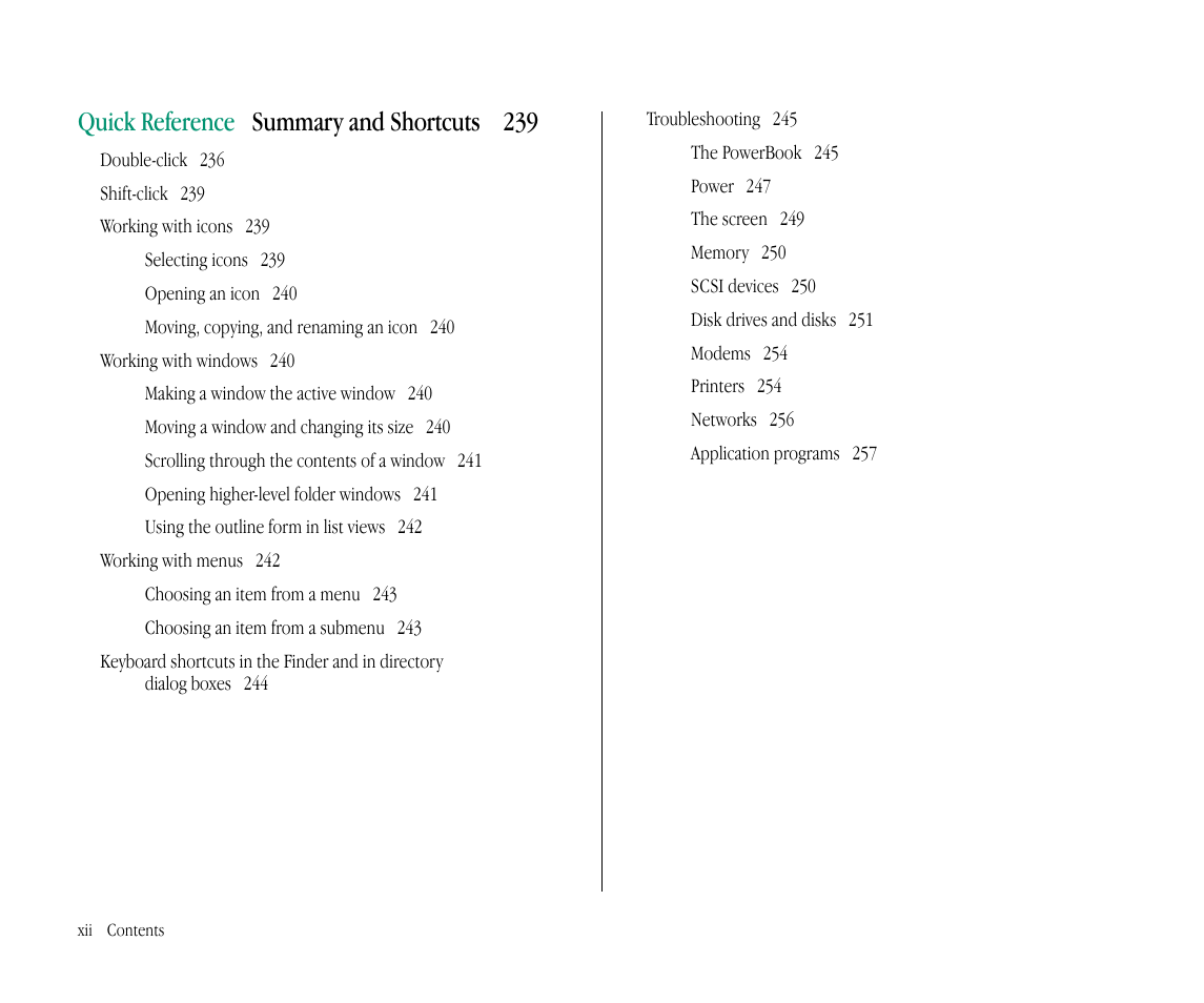 Quick reference summary and shortcuts 239 | Apple Macintosh PowerBook 145B User Manual | Page 12 / 304