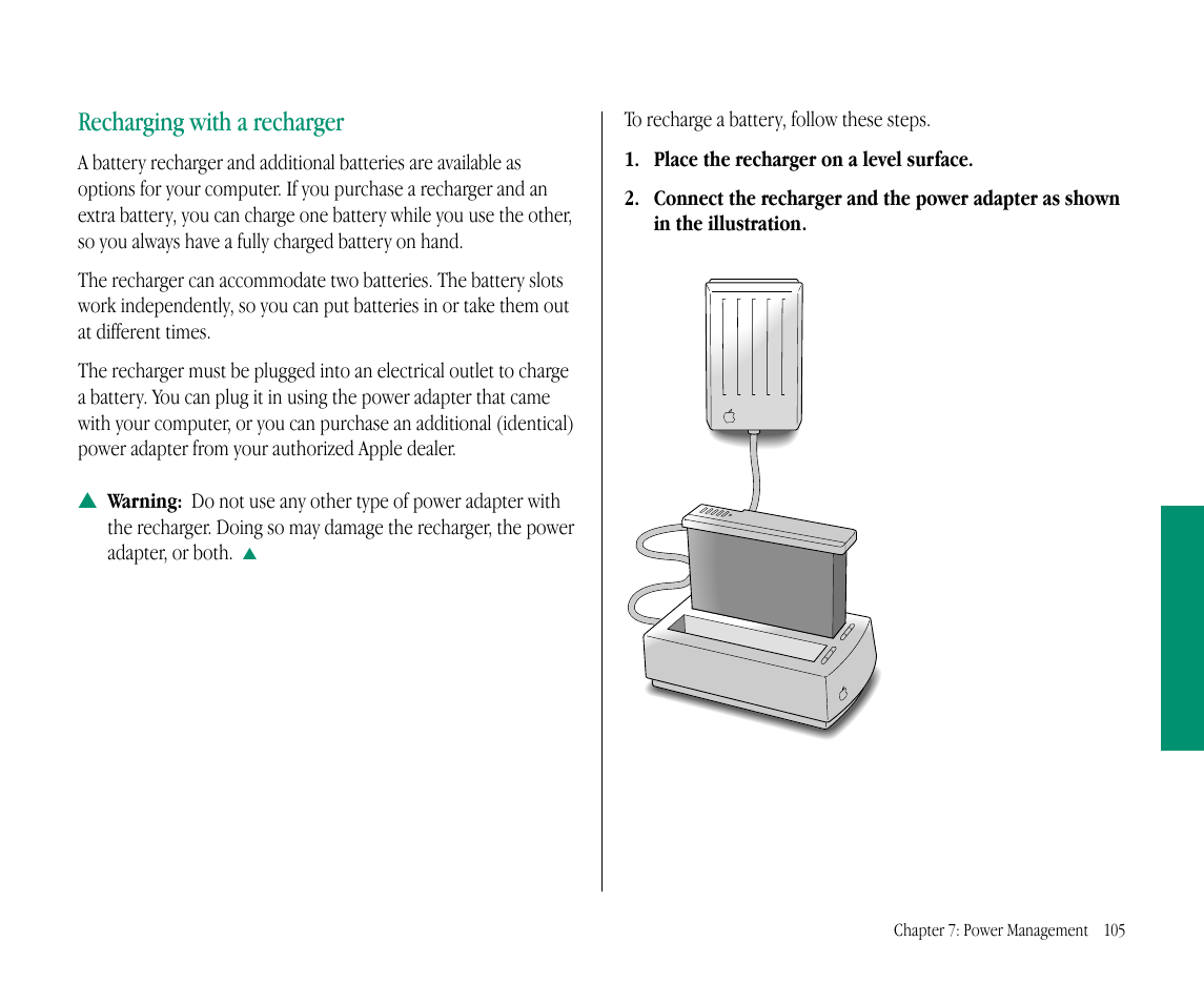 Recharging with a recharger | Apple Macintosh PowerBook 145B User Manual | Page 120 / 304