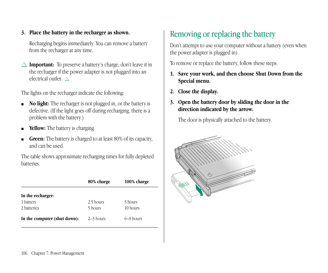 Removing or replacing the battery | Apple Macintosh PowerBook 145B User Manual | Page 121 / 304