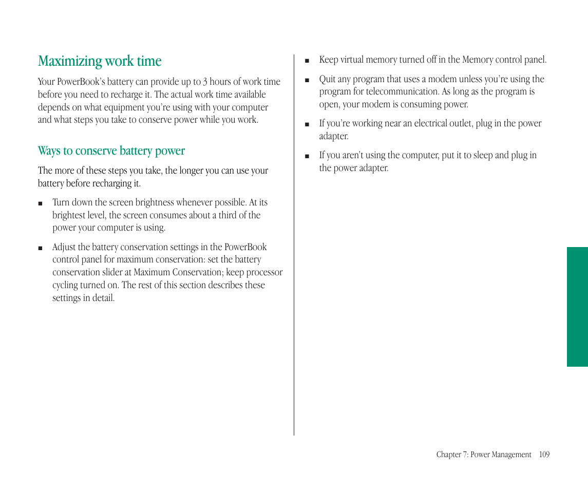 Maximizing work time, Ways to conserve battery power | Apple Macintosh PowerBook 145B User Manual | Page 124 / 304