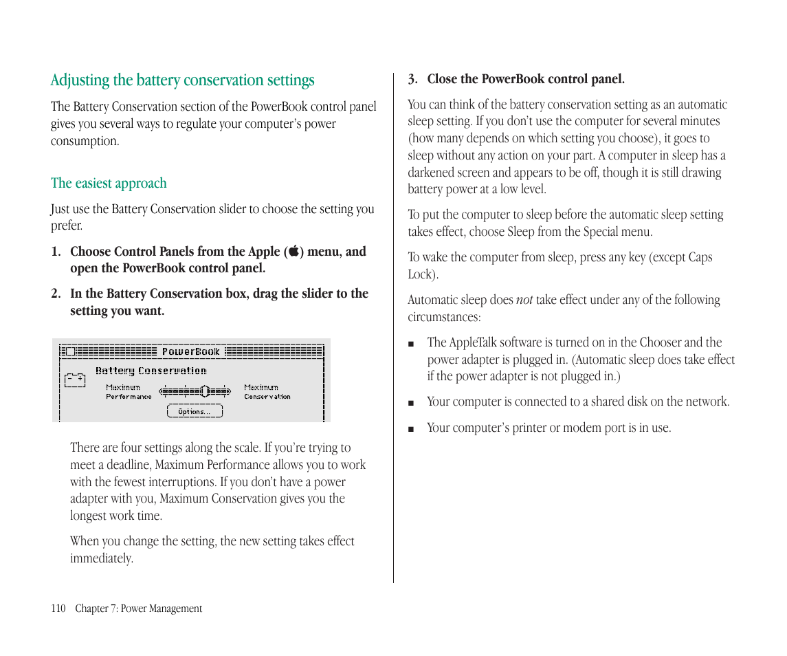 Adjusting the battery conservation settings, The easiest approach | Apple Macintosh PowerBook 145B User Manual | Page 125 / 304