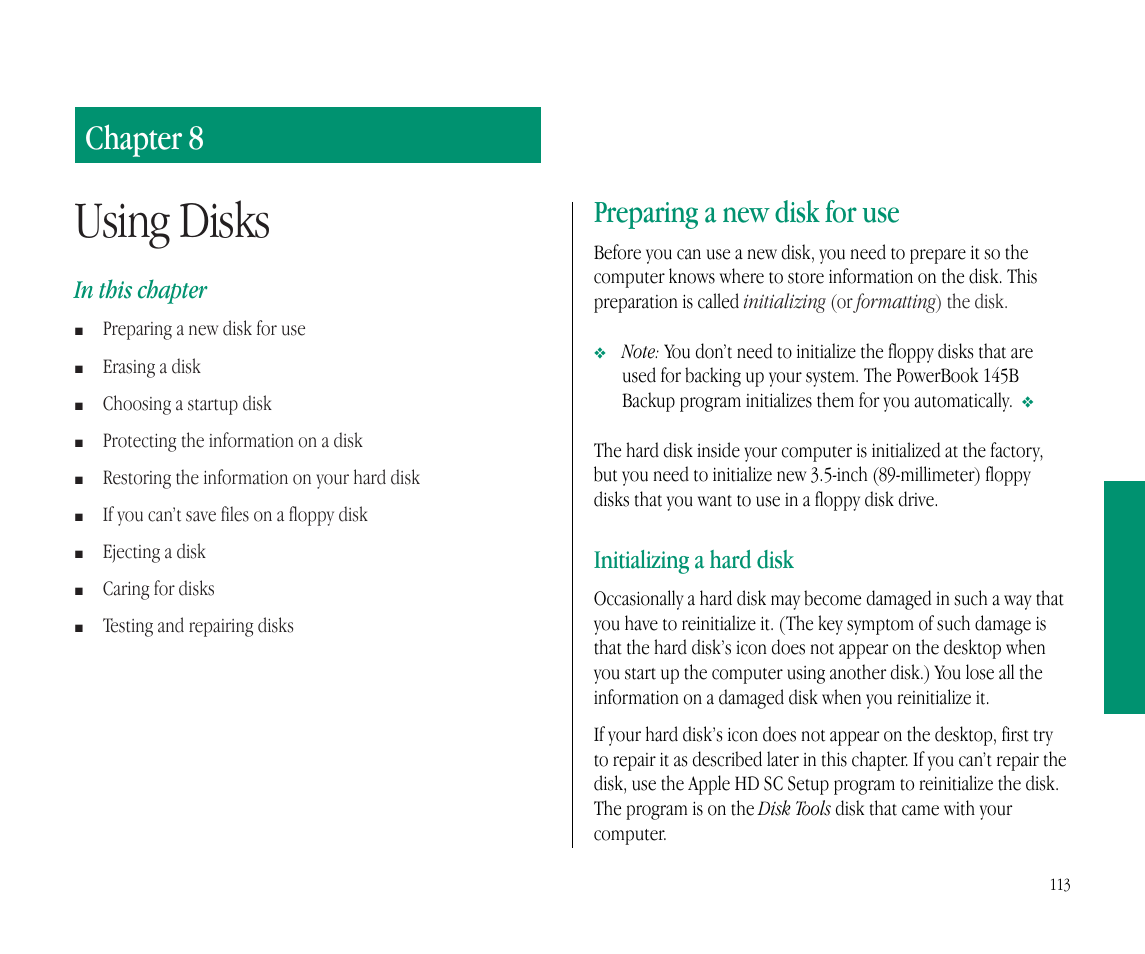 Using disks, Chapter 8, Preparing a new disk for use | Apple Macintosh PowerBook 145B User Manual | Page 128 / 304