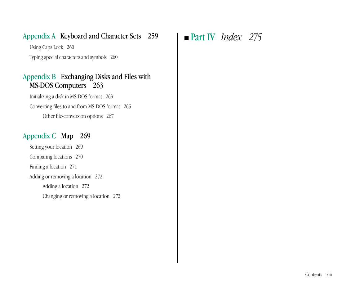 Part iv index 275 | Apple Macintosh PowerBook 145B User Manual | Page 13 / 304