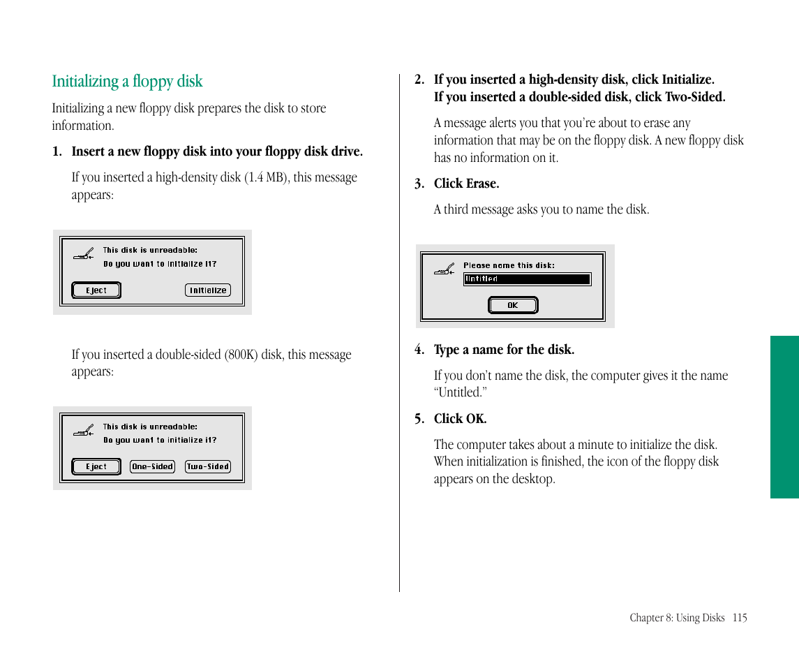 Initializing a floppy disk | Apple Macintosh PowerBook 145B User Manual | Page 130 / 304