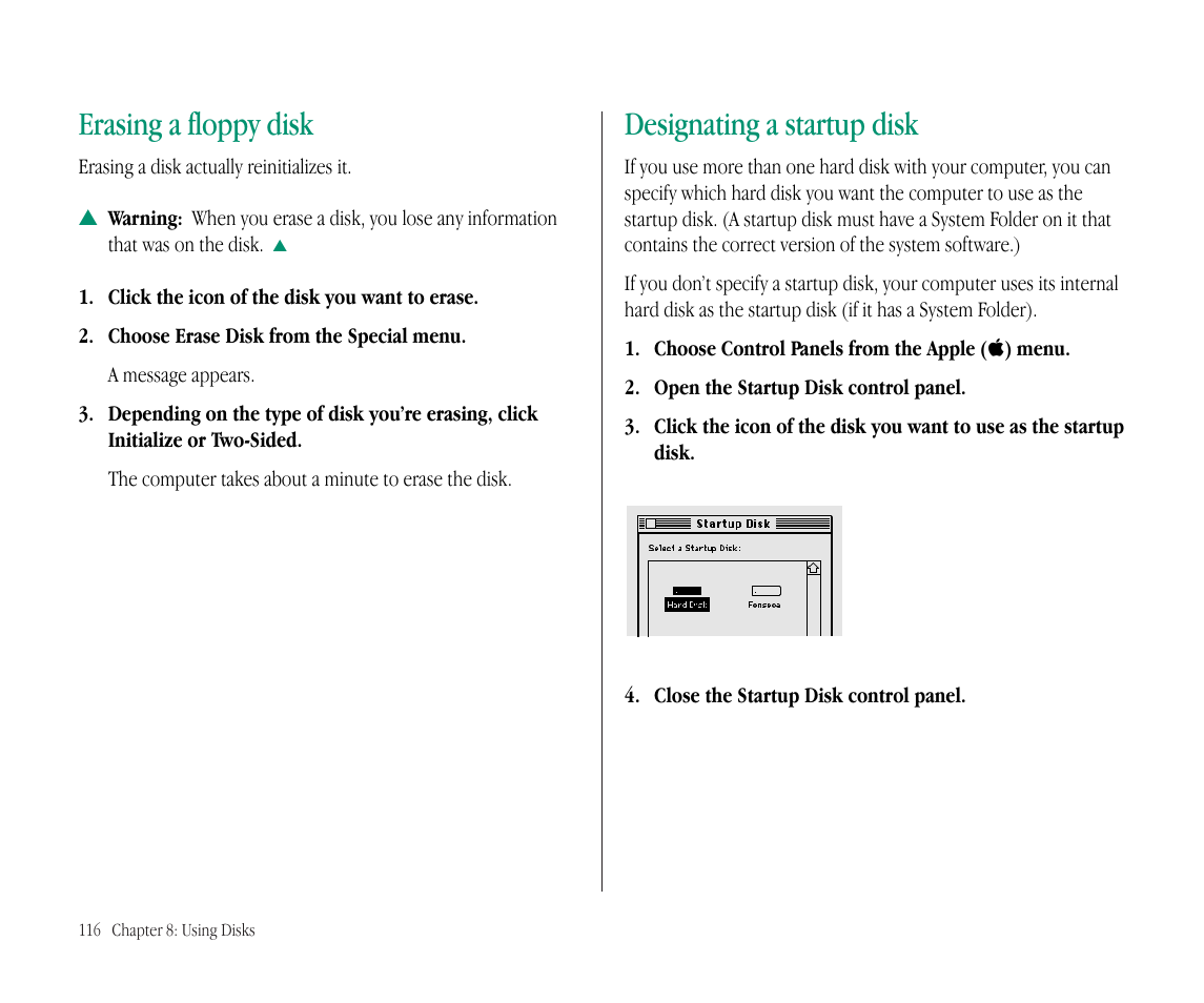 Erasing a floppy disk, Designating a startup disk | Apple Macintosh PowerBook 145B User Manual | Page 131 / 304