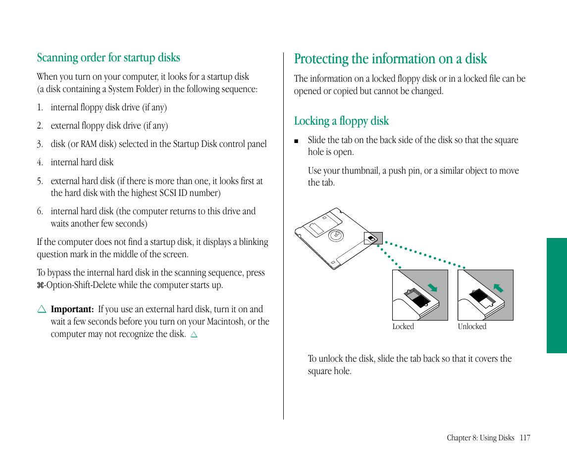 Protecting the information on a disk, Scanning order for startup disks, Locking a floppy disk | Apple Macintosh PowerBook 145B User Manual | Page 132 / 304