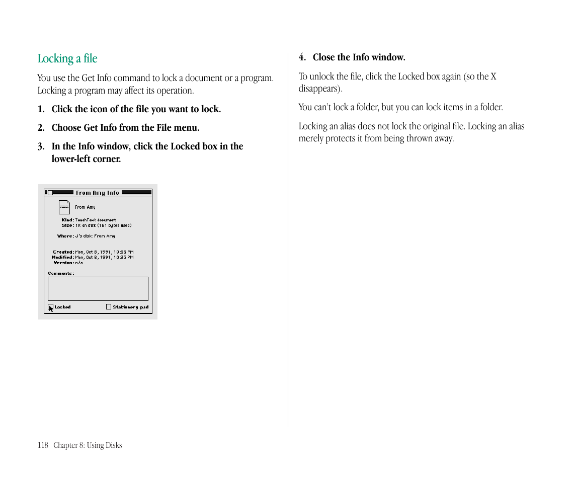 Locking a file | Apple Macintosh PowerBook 145B User Manual | Page 133 / 304