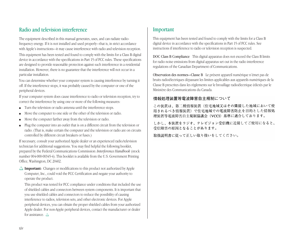 Radio and television interference, Important | Apple Macintosh PowerBook 145B User Manual | Page 14 / 304