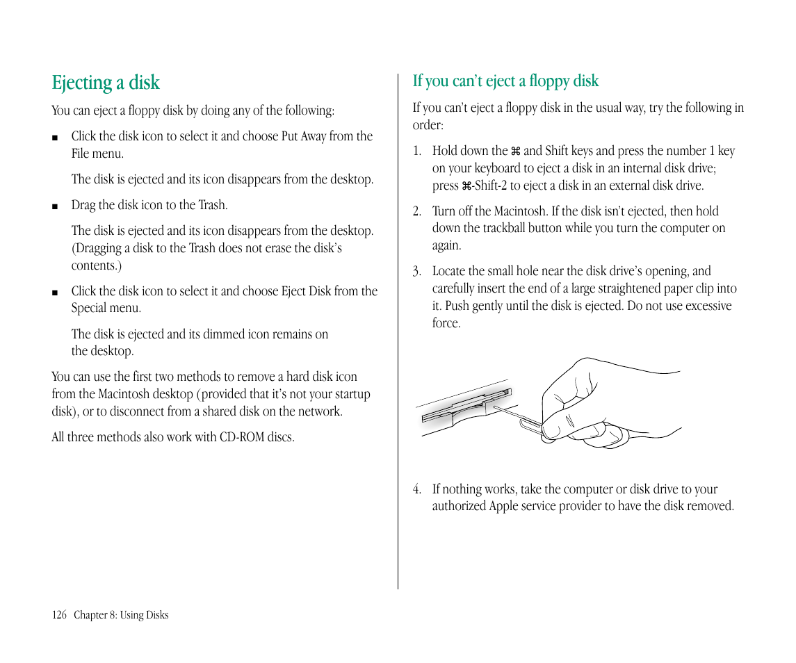 Ejecting a disk, If you can’t eject a floppy disk | Apple Macintosh PowerBook 145B User Manual | Page 141 / 304