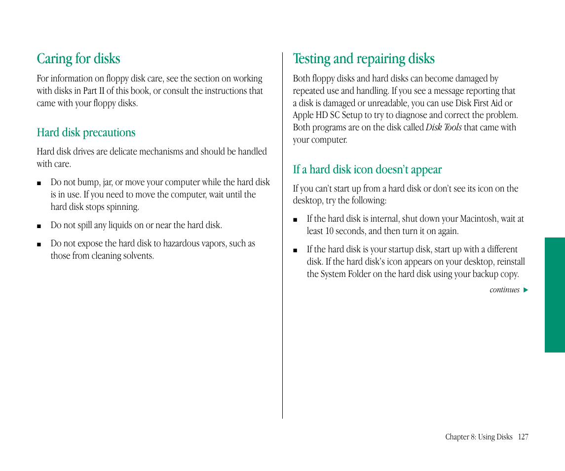 Caring for disks, Testing and repairing disks, Hard disk precautions | If a hard disk icon doesn’t appear | Apple Macintosh PowerBook 145B User Manual | Page 142 / 304