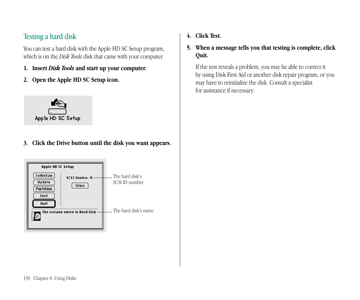 Testing a hard disk | Apple Macintosh PowerBook 145B User Manual | Page 145 / 304