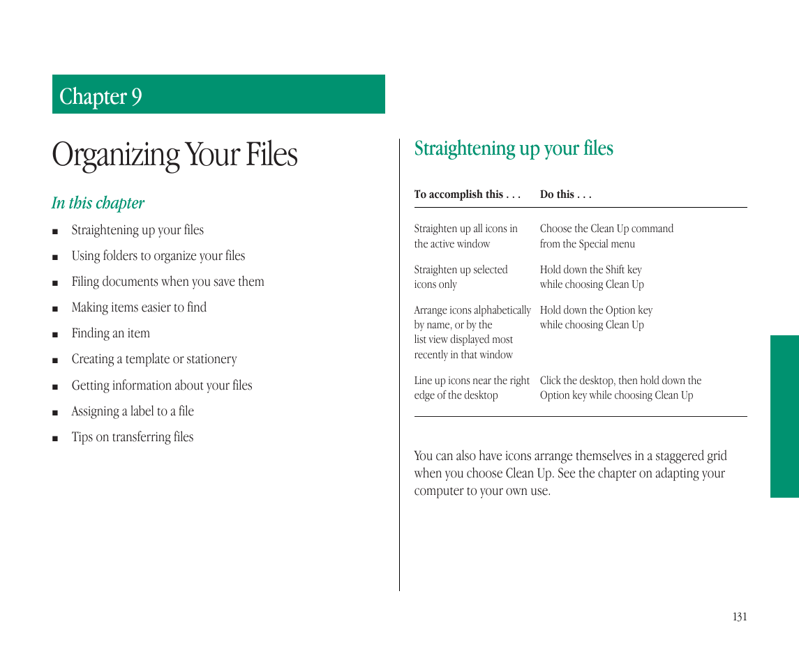 Organizing your files, Chapter 9, Straightening up your files | Apple Macintosh PowerBook 145B User Manual | Page 146 / 304