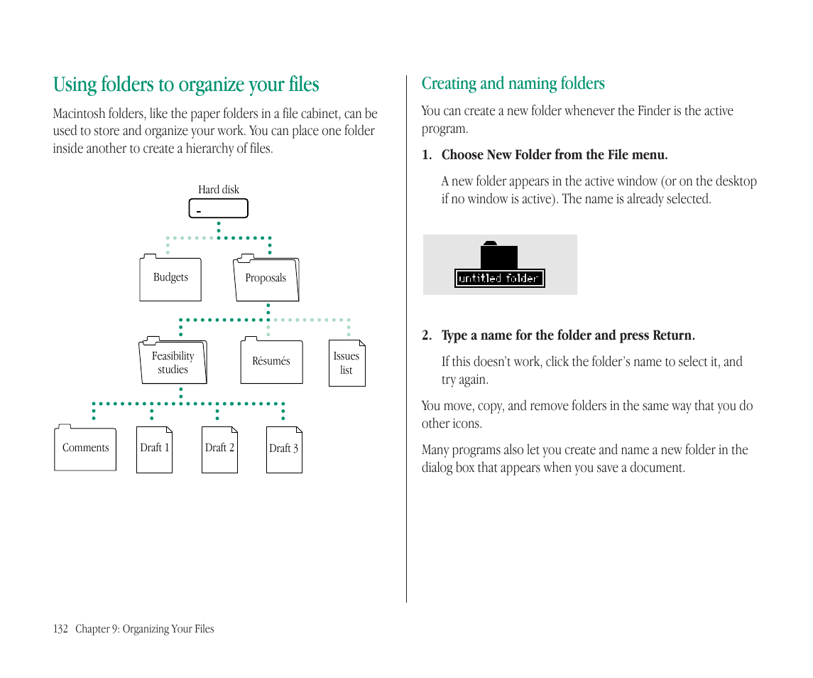 Using folders to organize your files, Creating and naming folders | Apple Macintosh PowerBook 145B User Manual | Page 147 / 304