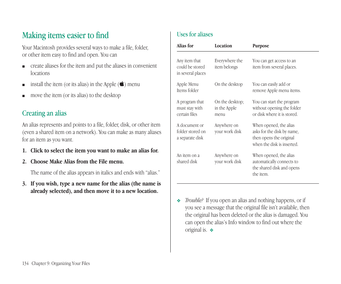 Making items easier to find, Creating an alias, Uses for aliases | Apple Macintosh PowerBook 145B User Manual | Page 149 / 304