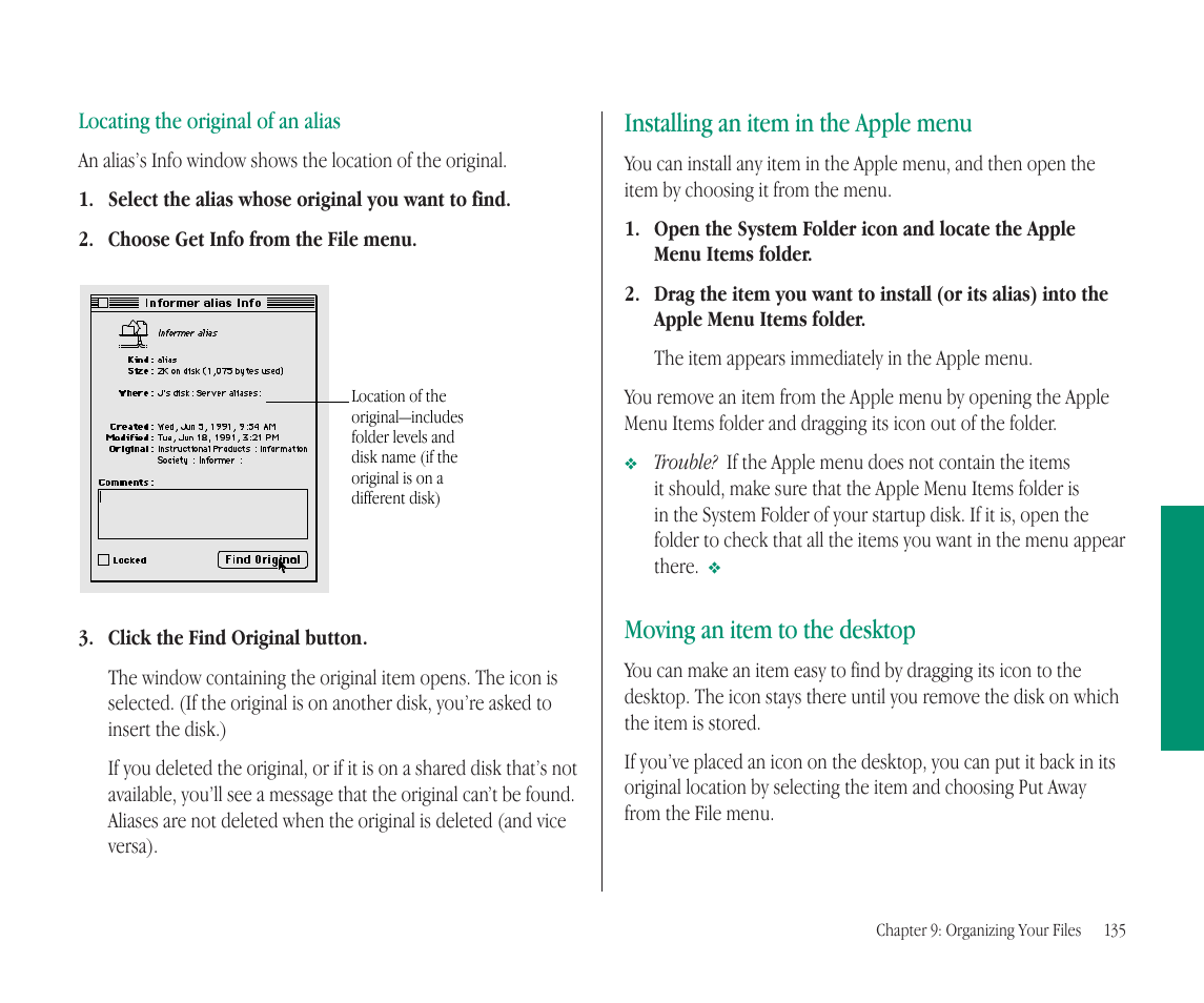 Installing an item in the apple menu, Moving an item to the desktop, Locating the original of an alias | Apple Macintosh PowerBook 145B User Manual | Page 150 / 304