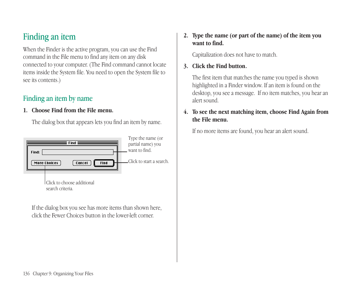 Finding an item, Finding an item by name | Apple Macintosh PowerBook 145B User Manual | Page 151 / 304