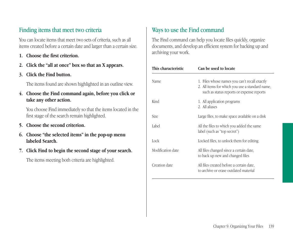 Finding items that meet two criteria, Ways to use the find command | Apple Macintosh PowerBook 145B User Manual | Page 154 / 304