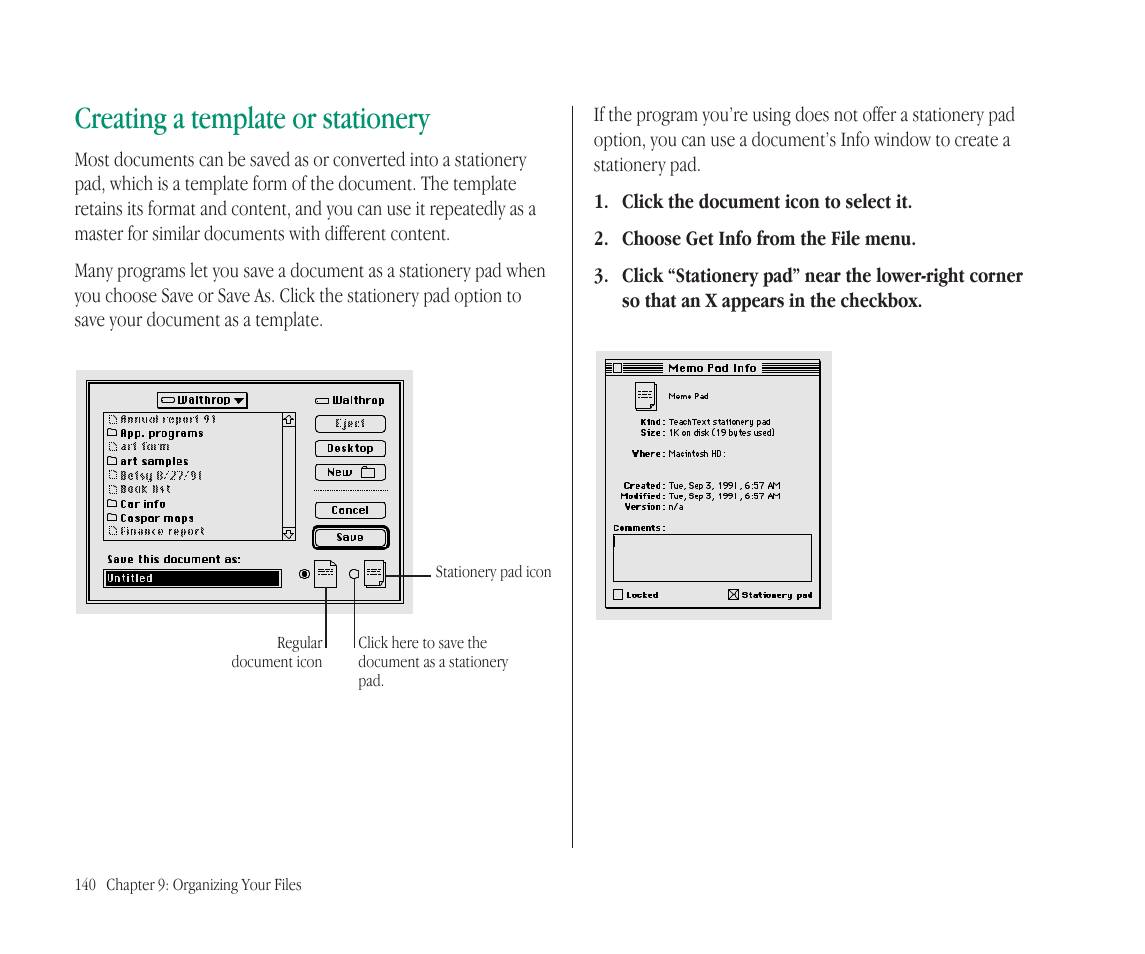 Creating a template or stationery | Apple Macintosh PowerBook 145B User Manual | Page 155 / 304