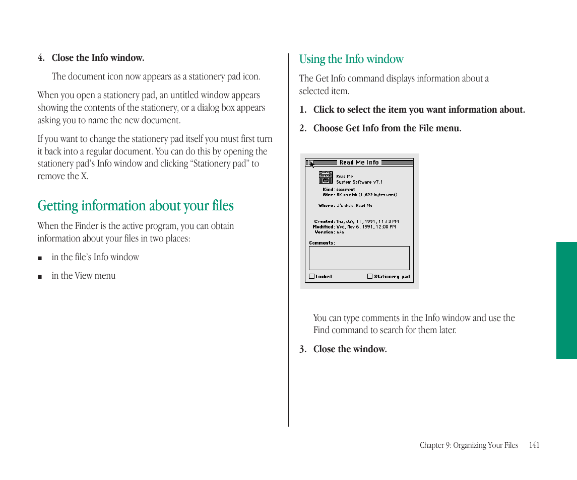 Getting information about your files, Using the info window | Apple Macintosh PowerBook 145B User Manual | Page 156 / 304