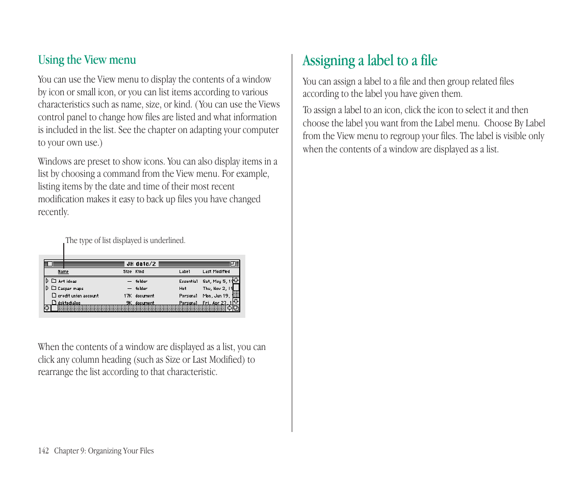 Assigning a label to a file, Using the view menu | Apple Macintosh PowerBook 145B User Manual | Page 157 / 304