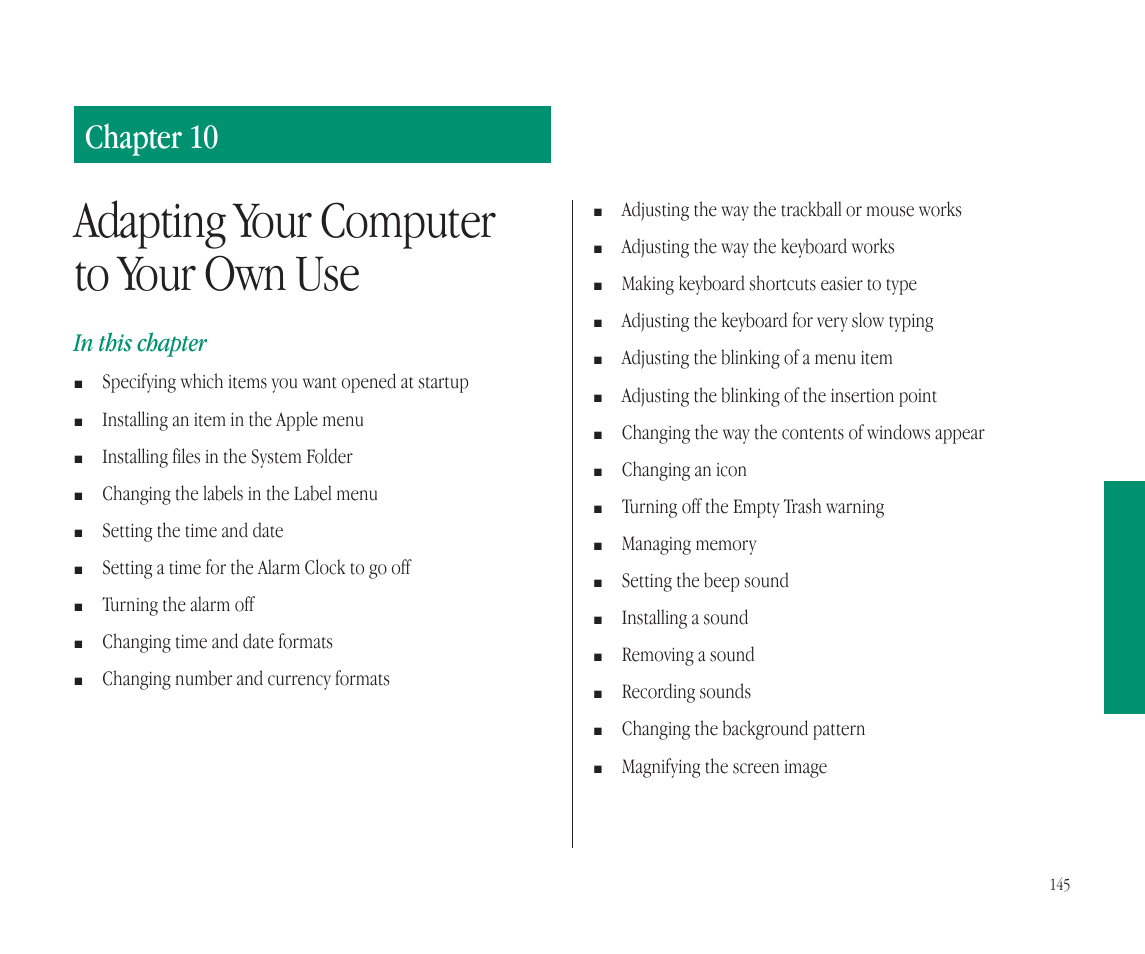 Adapting your computer to your own use, Chapter 10 | Apple Macintosh PowerBook 145B User Manual | Page 159 / 304