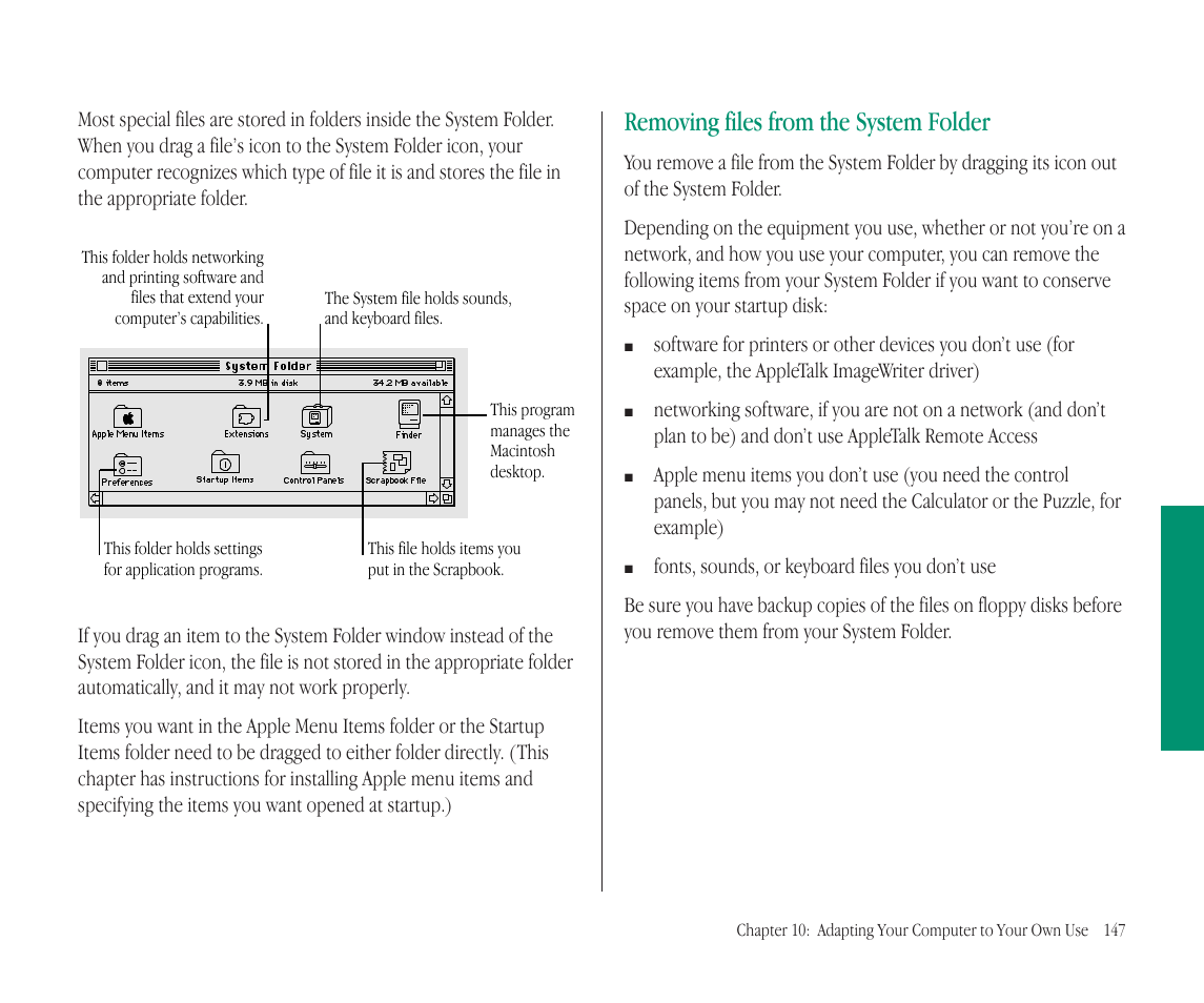 Removing files from the system folder | Apple Macintosh PowerBook 145B User Manual | Page 161 / 304